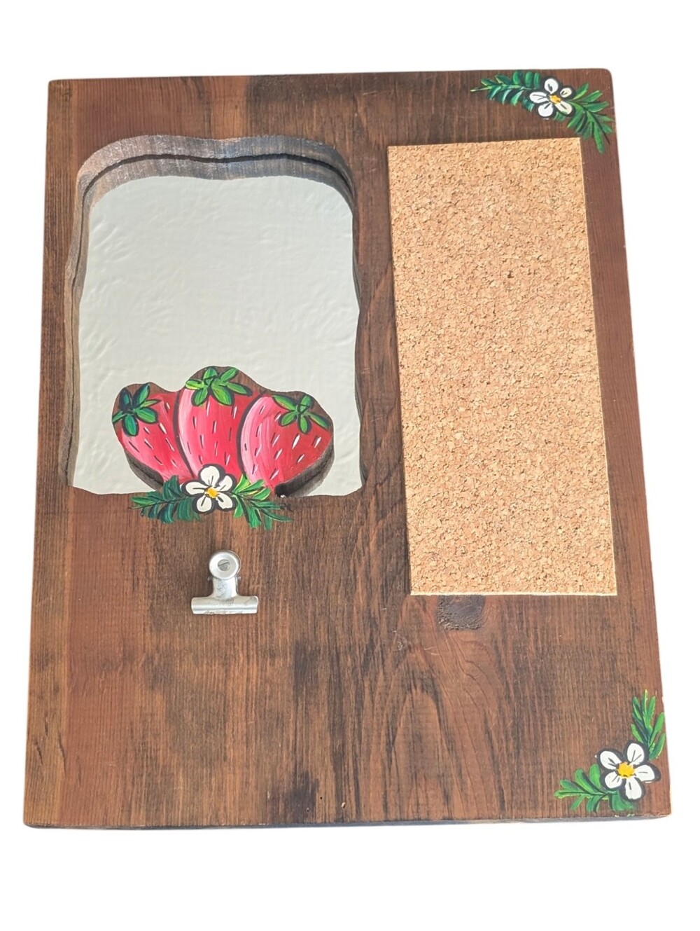 Vintage Handmade Wooden Message Board, Mirror, Cork Board W Strawberry Accent.